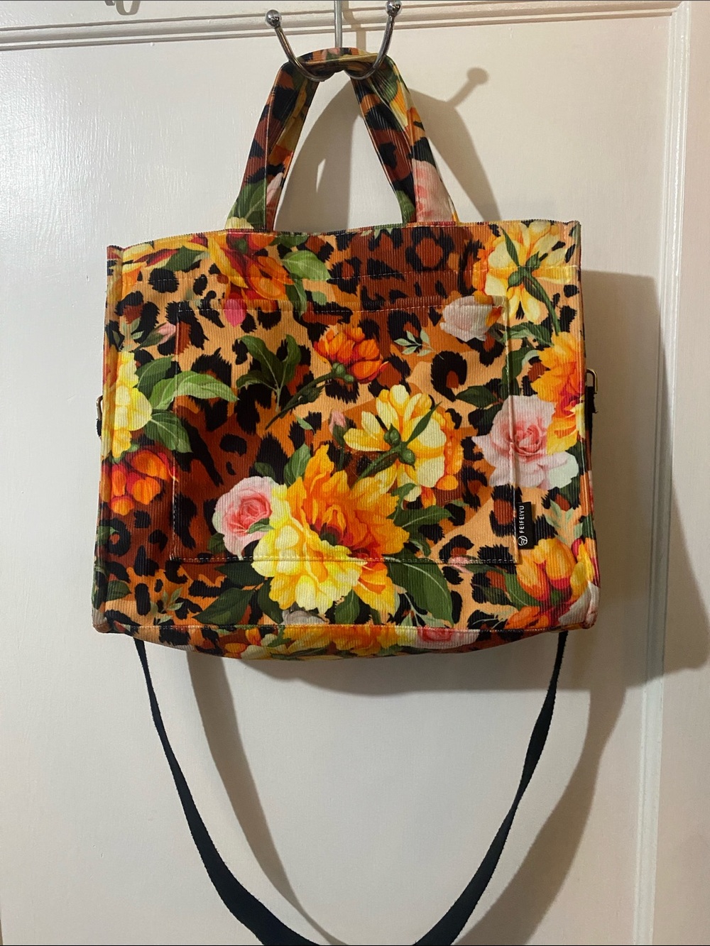 Floral Leopard Print Tote Bag in Yellow and Brown